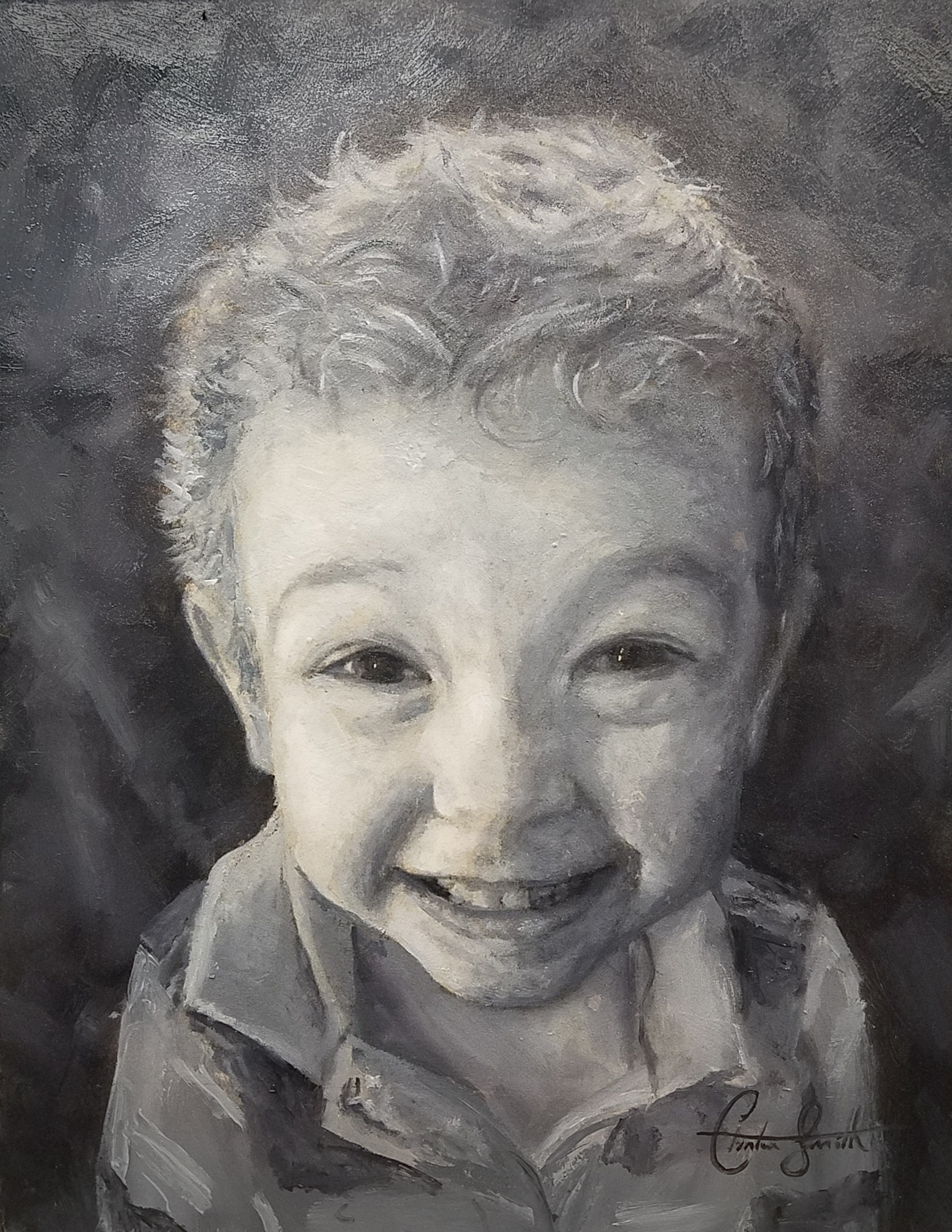 Monochrome oil portrait of a smiling young child