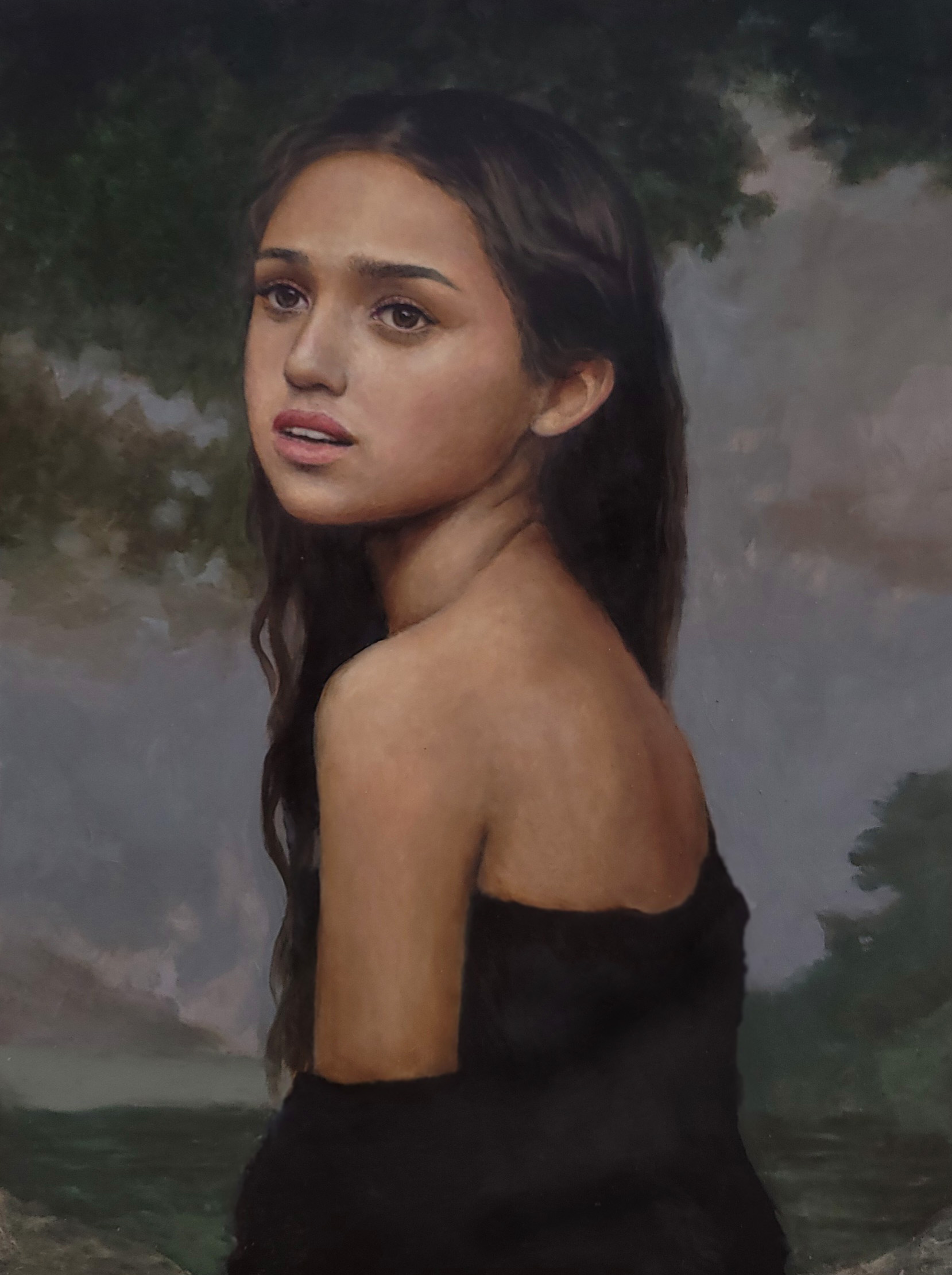 Oil portrait of a young woman before a wooded landscape