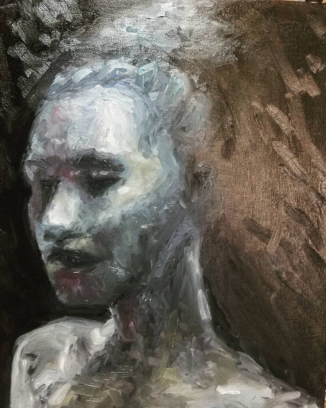 Alla prima oil head study in cool tones