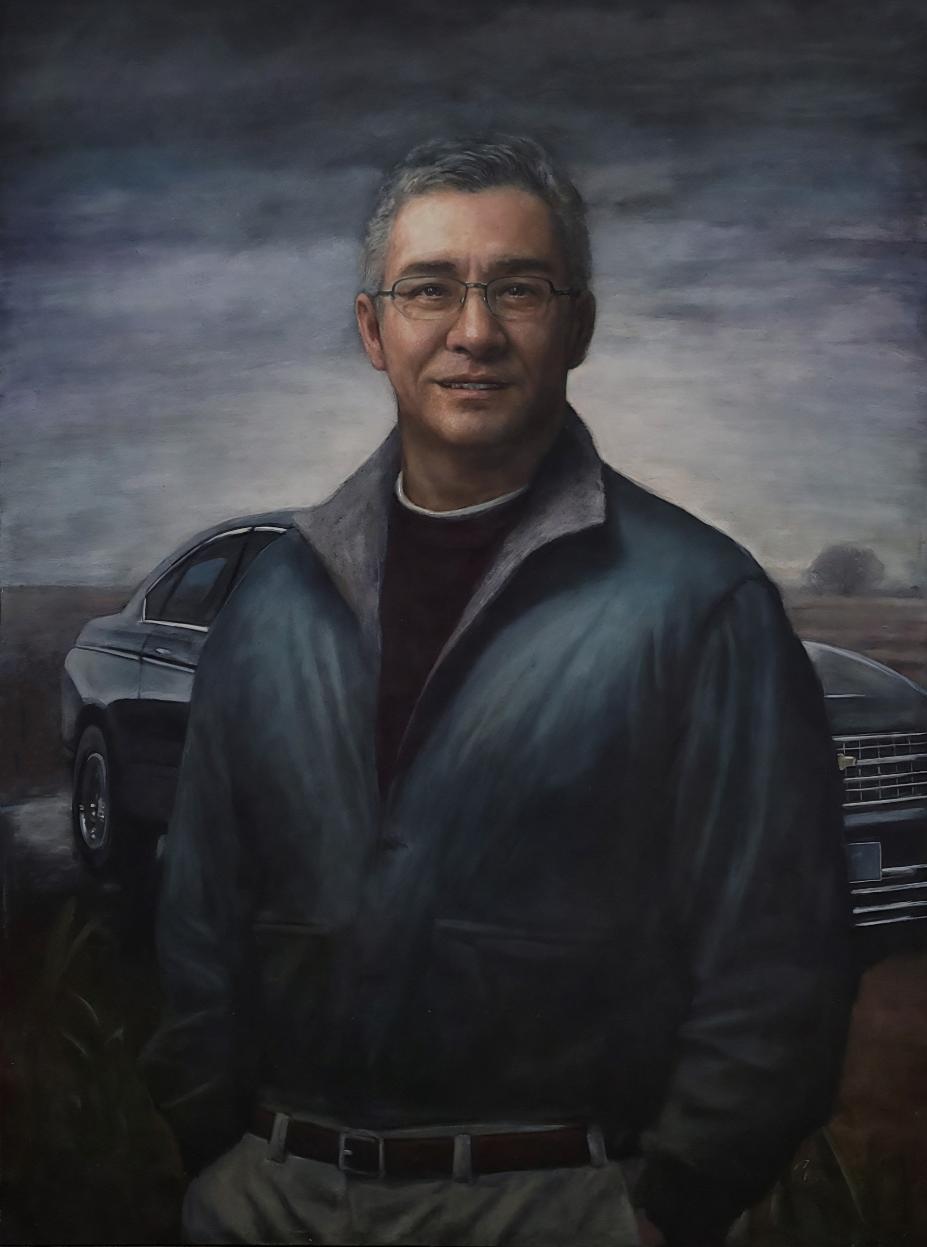 Oil portrait of a man standing before a car at dusk