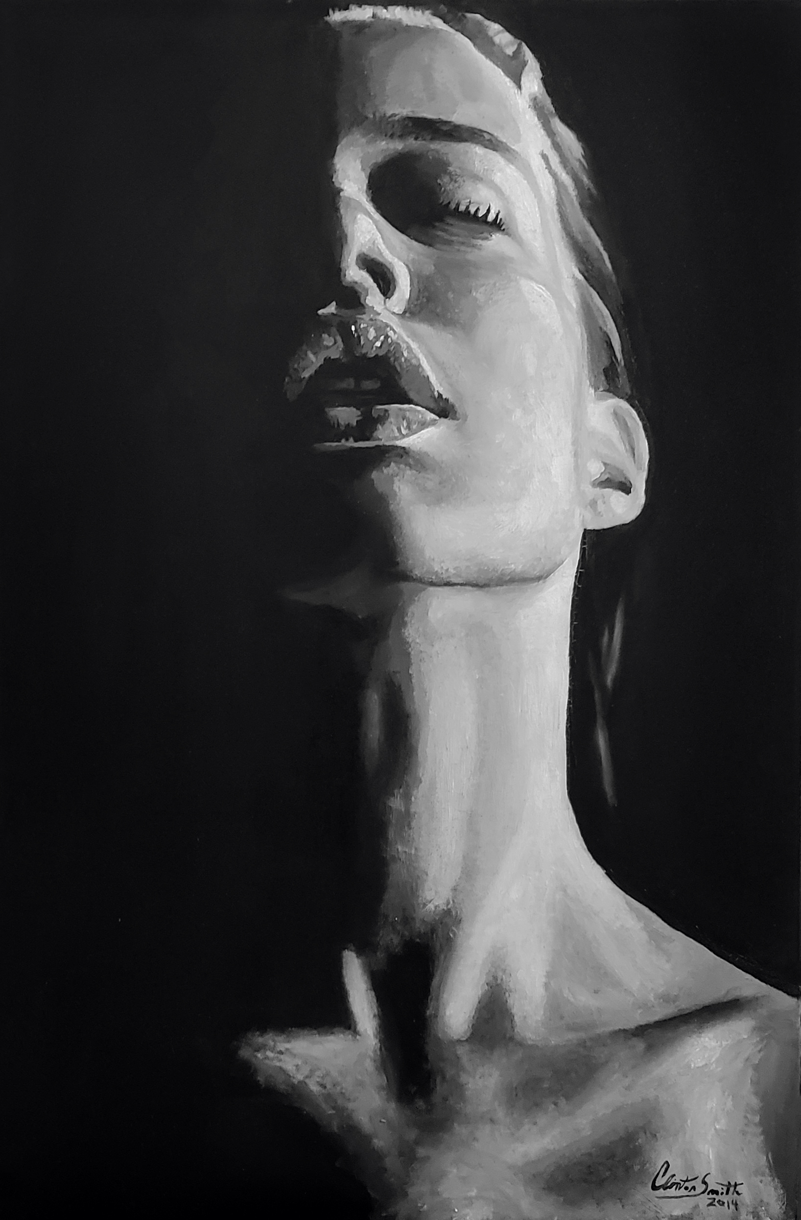 Dramatic black-and-white oil portrait of a woman in raking light